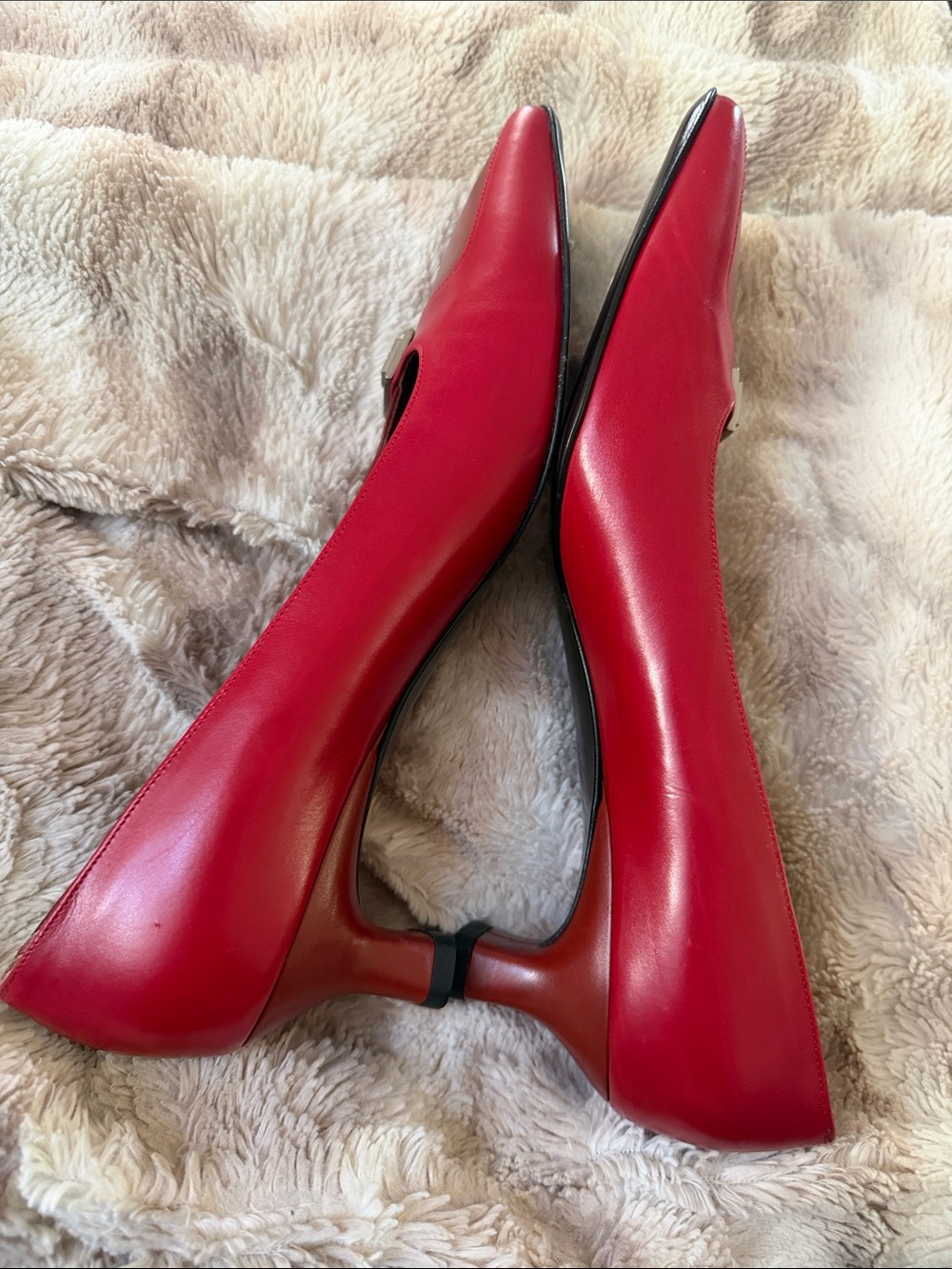 Vintage Salvatore Ferragamo Red and Brown Leather Square-Toe Flats with Buckle - Picture 4 of 6